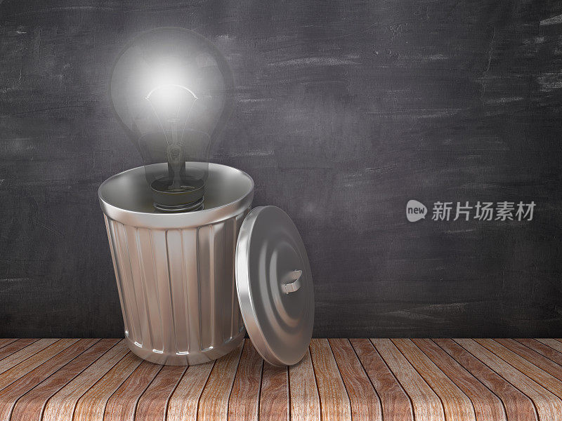 垃圾桶与灯泡在黑板背景- 3D渲染